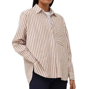 French Connection Thick Stripe Relaxed Fit Popover Shirt tabacco brown/linen